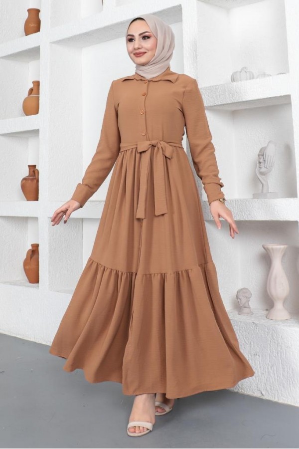  Gömlek Yaka Aerobin Tesettür Elbise Camel 443