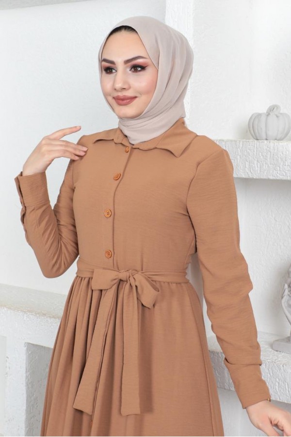  Gömlek Yaka Aerobin Tesettür Elbise Camel 443