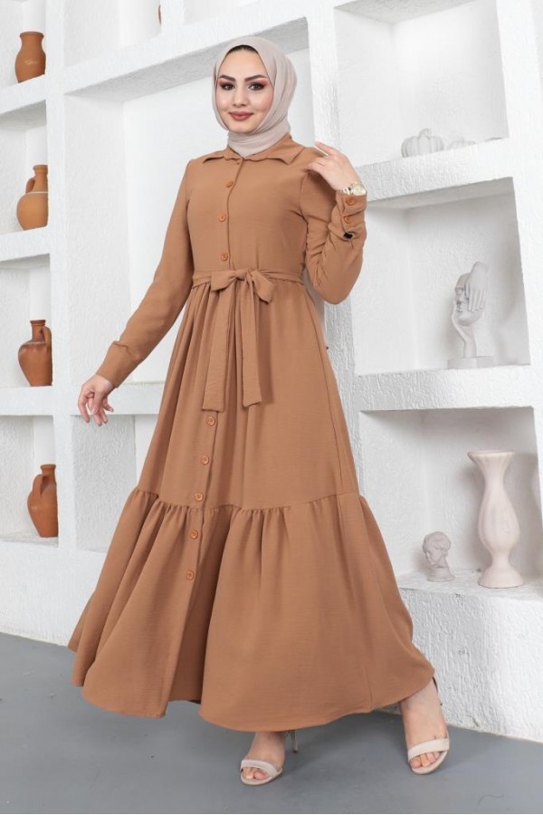  Gömlek Yaka Aerobin Tesettür Elbise Camel 443