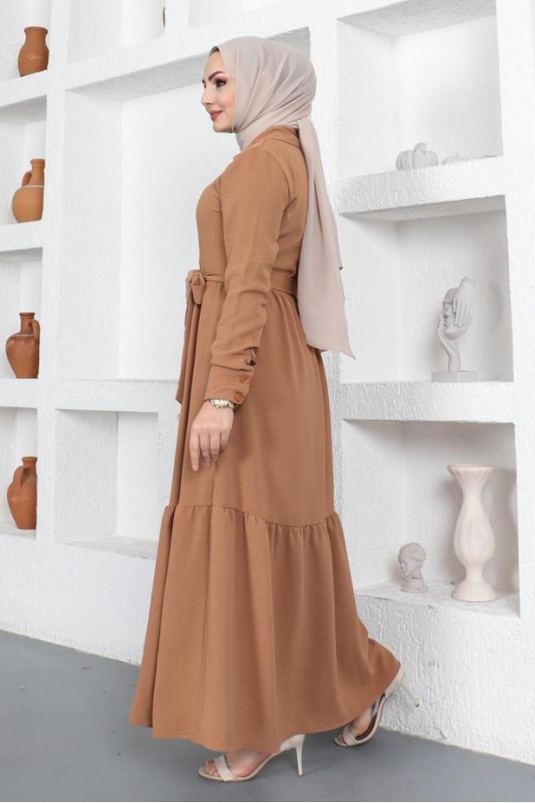  Gömlek Yaka Aerobin Tesettür Elbise Camel 443