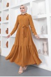  Gömlek Yaka Aerobin Tesettür Elbise Hardal 443