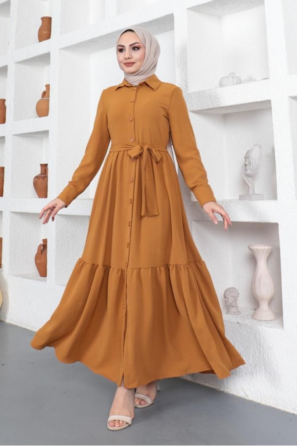  Gömlek Yaka Aerobin Tesettür Elbise Hardal 443