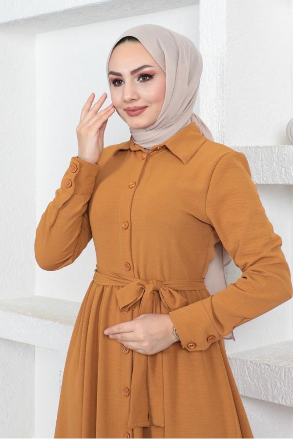  Gömlek Yaka Aerobin Tesettür Elbise Hardal 443