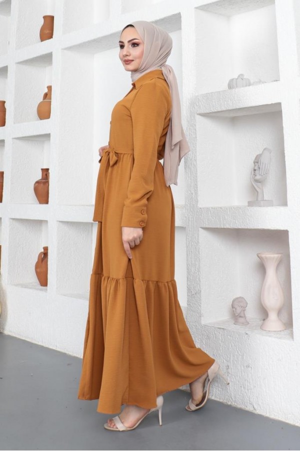  Gömlek Yaka Aerobin Tesettür Elbise Hardal 443