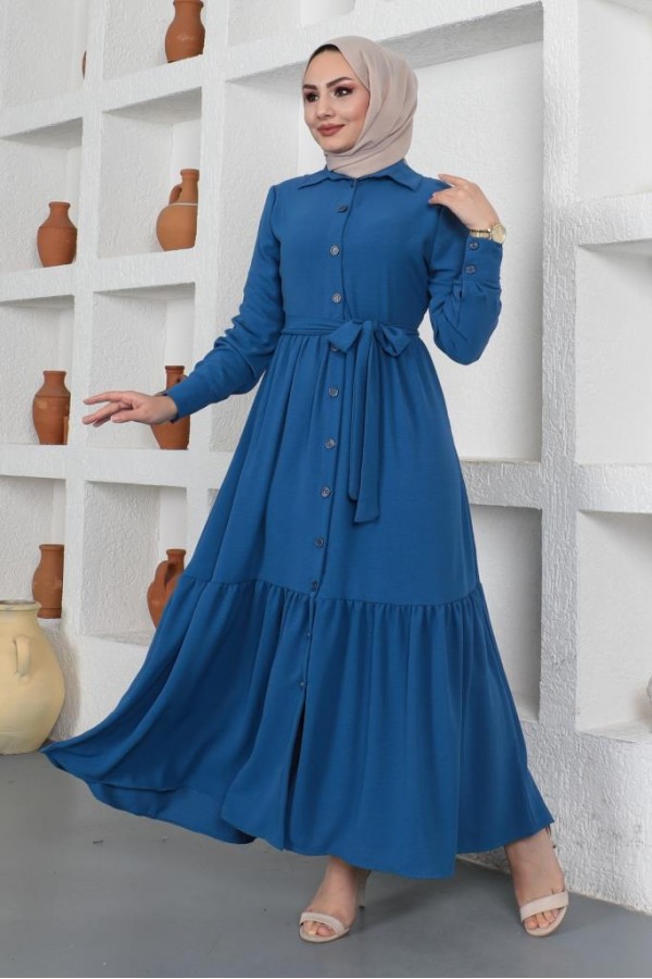  Gömlek Yaka Aerobin Tesettür Elbise İndigo 443