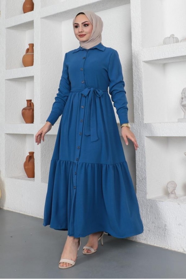  Gömlek Yaka Aerobin Tesettür Elbise İndigo 443