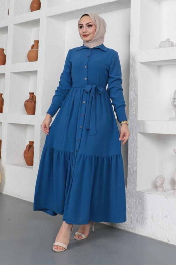  Gömlek Yaka Aerobin Tesettür Elbise İndigo 443
