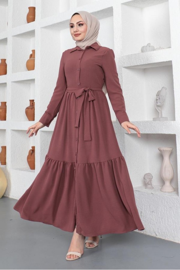  Gömlek Yaka Aerobin Tesettür Elbise Mürdüm 443
