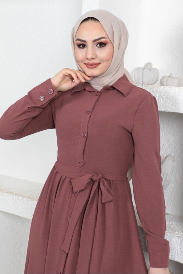  Gömlek Yaka Aerobin Tesettür Elbise Mürdüm 443