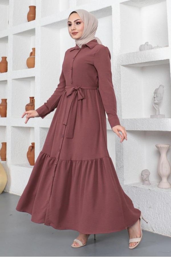  Gömlek Yaka Aerobin Tesettür Elbise Mürdüm 443