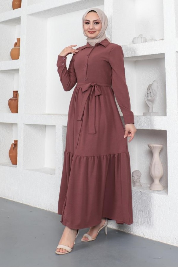 Gömlek Yaka Aerobin Tesettür Elbise Mürdüm 443