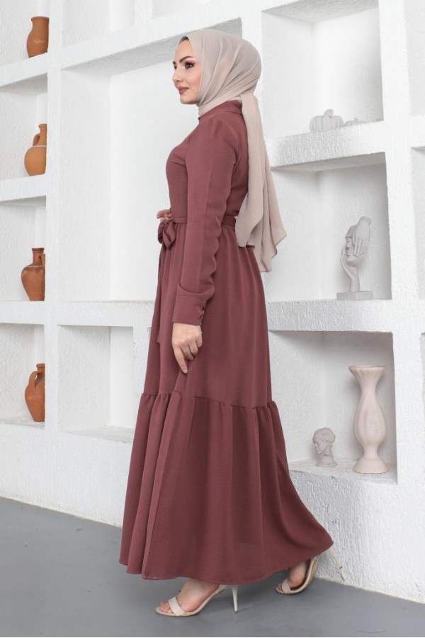  Gömlek Yaka Aerobin Tesettür Elbise Mürdüm 443