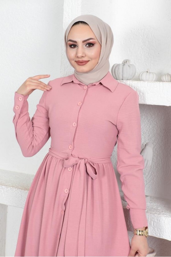 Gömlek Yaka Aerobin Tesettür Elbise Pudra 443 Gömlek Yaka Aerobin Tesettür Elbise Pudra 443