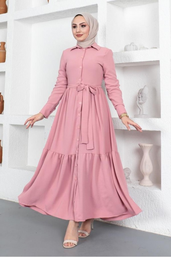 Gömlek Yaka Aerobin Tesettür Elbise Pudra 443 Gömlek Yaka Aerobin Tesettür Elbise Pudra 443