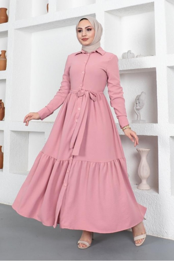 Gömlek Yaka Aerobin Tesettür Elbise Pudra 443 Gömlek Yaka Aerobin Tesettür Elbise Pudra 443