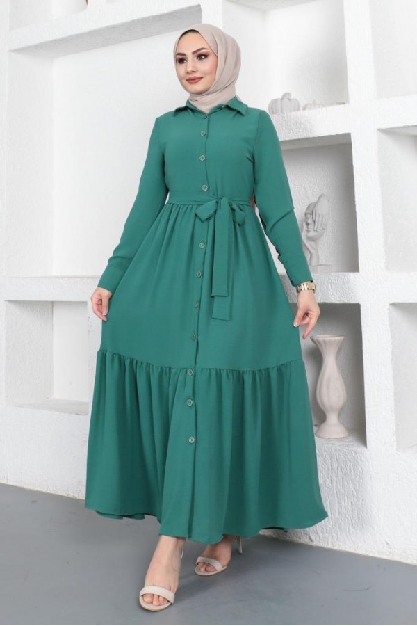  Gömlek Yaka Aerobin Tesettür Elbise Yeşil 443