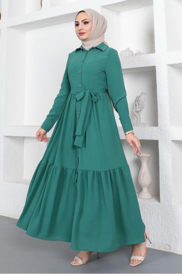  Gömlek Yaka Aerobin Tesettür Elbise Yeşil 443
