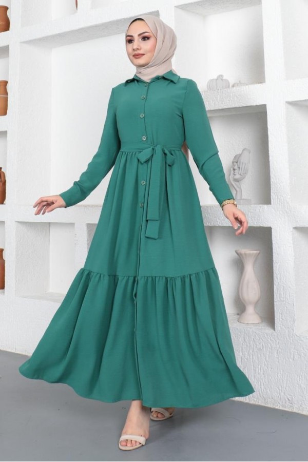  Gömlek Yaka Aerobin Tesettür Elbise Yeşil 443