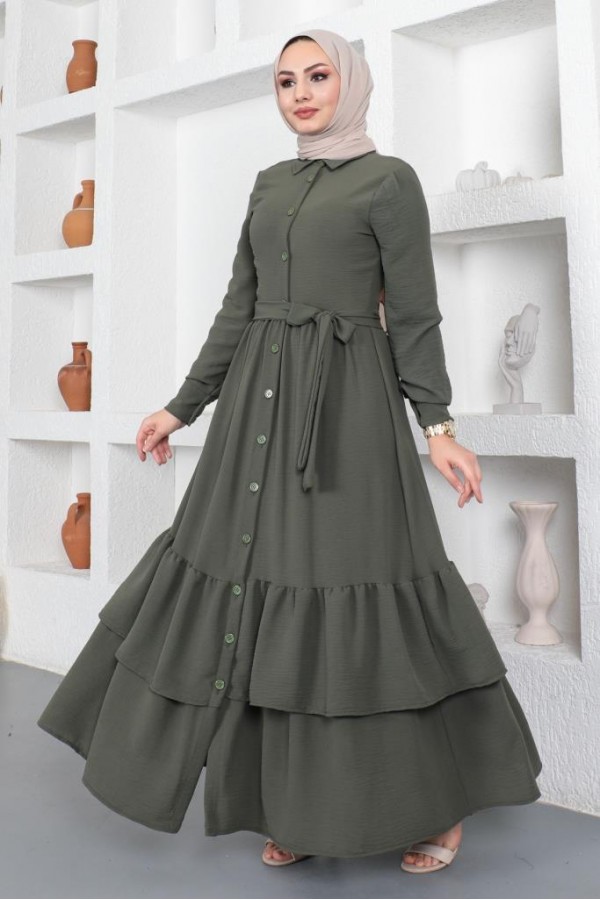  Eteği Katlı Aerobin Elbise Haki 445