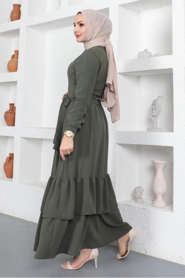  Eteği Katlı Aerobin Elbise Haki 445