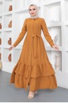  Eteği Katlı Aerobin Elbise Hardal 445