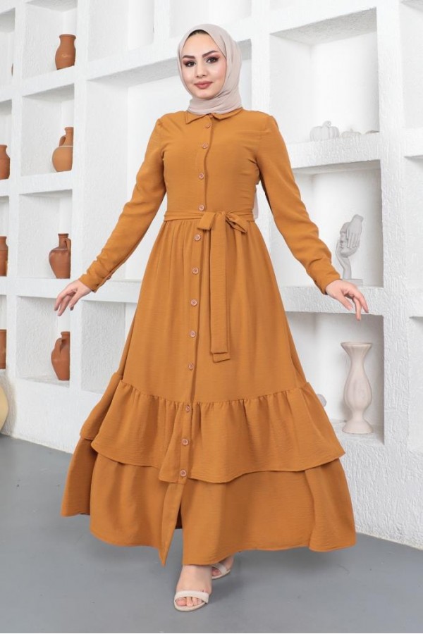  Eteği Katlı Aerobin Elbise Hardal 445