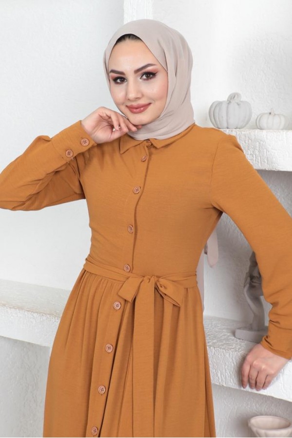  Eteği Katlı Aerobin Elbise Hardal 445