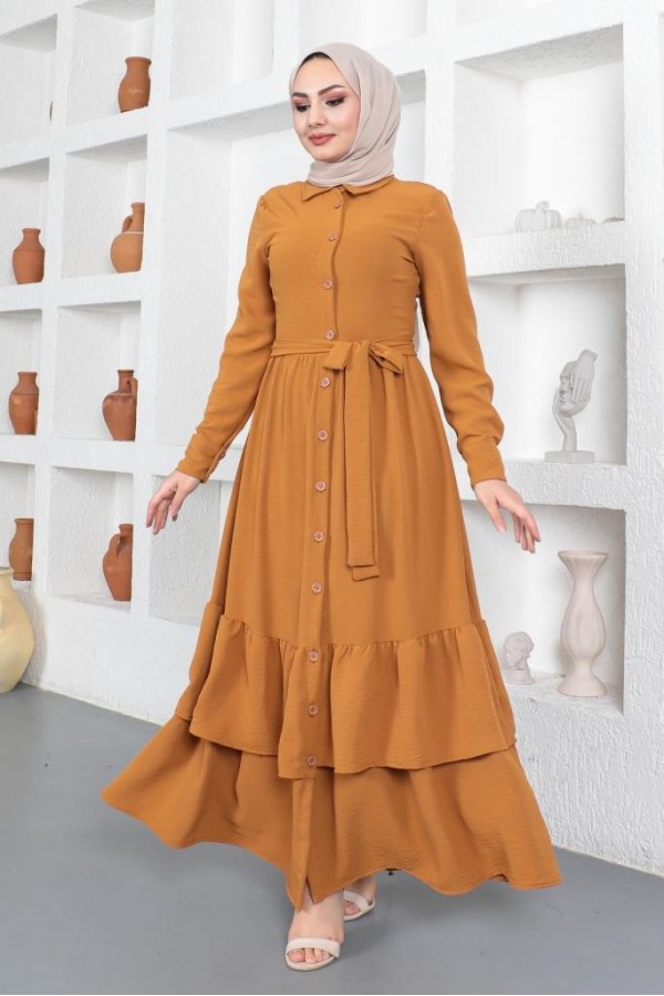 Eteği Katlı Aerobin Elbise Hardal 445