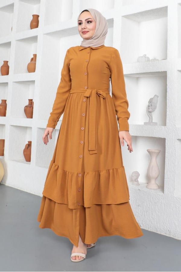  Eteği Katlı Aerobin Elbise Hardal 445