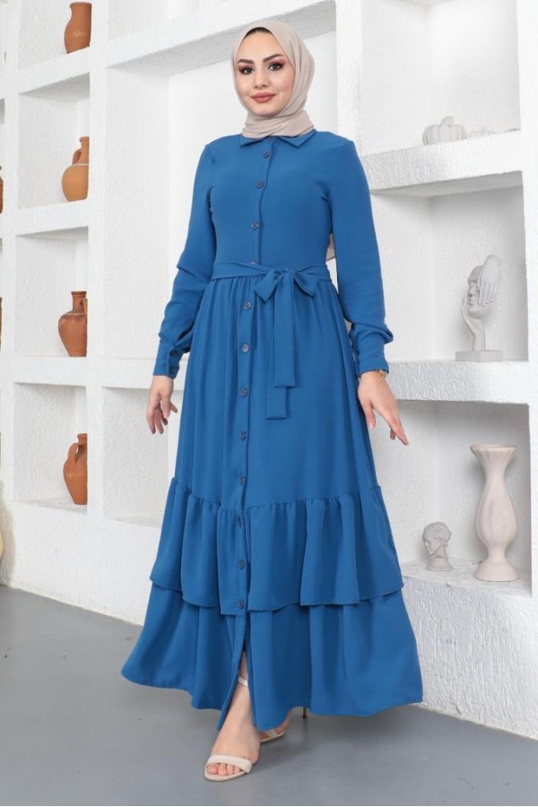  Eteği Katlı Aerobin Elbise İndigo 445