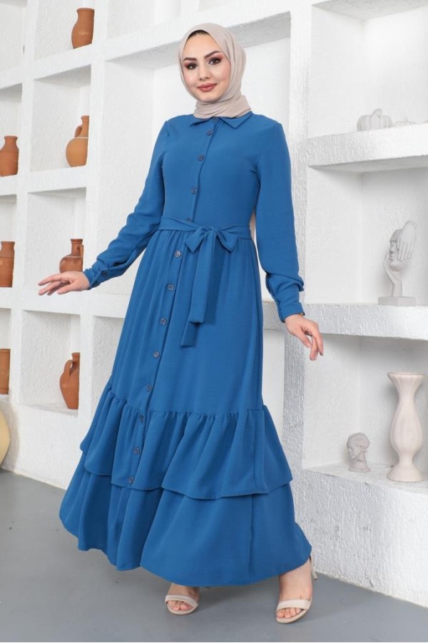  Eteği Katlı Aerobin Elbise İndigo 445