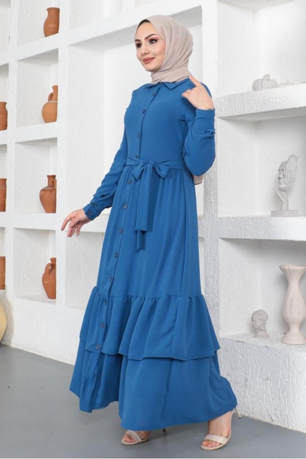  Eteği Katlı Aerobin Elbise İndigo 445