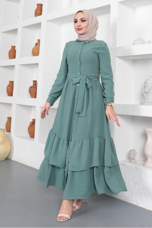  Eteği Katlı Aerobin Elbise Mint Yeşili 445