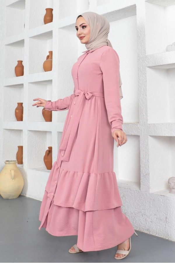  Eteği Katlı Aerobin Elbise Pembe 445