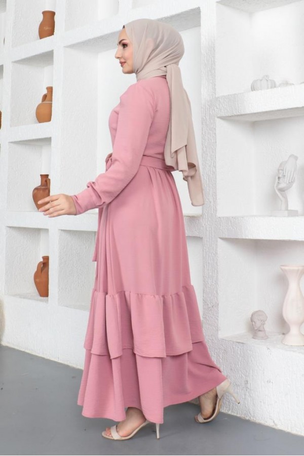  Eteği Katlı Aerobin Elbise Pembe 445