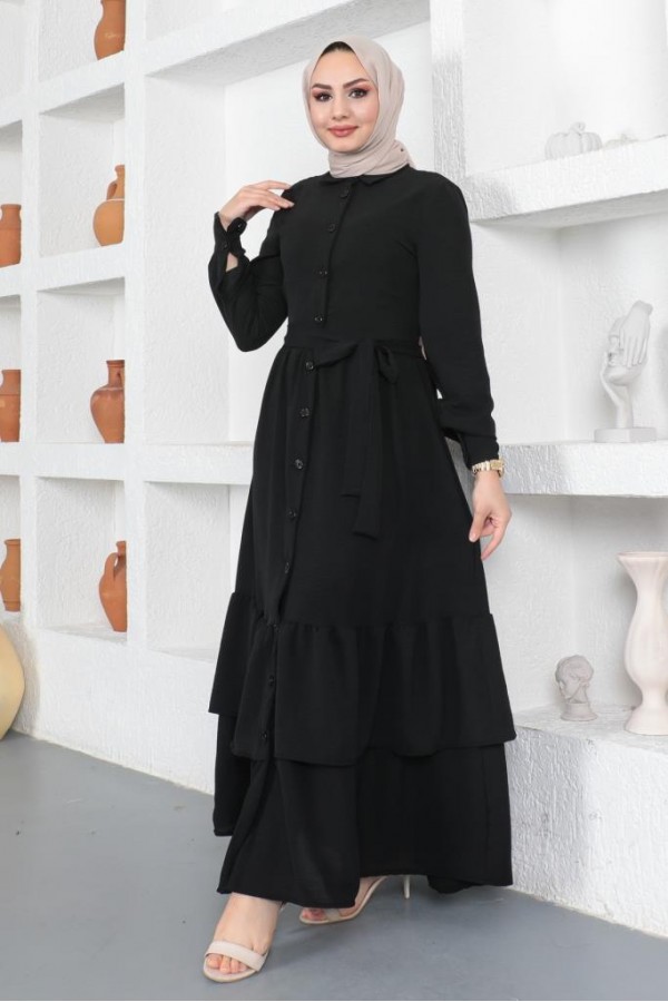  Eteği Katlı Aerobin Elbise Siyah 445