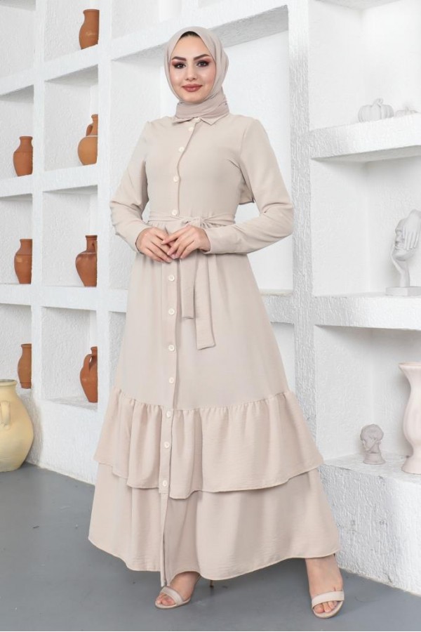  Eteği Katlı Aerobin Elbise Taş Rengi 445