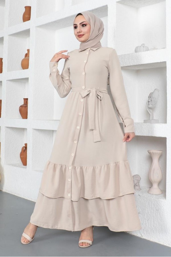  Eteği Katlı Aerobin Elbise Taş Rengi 445
