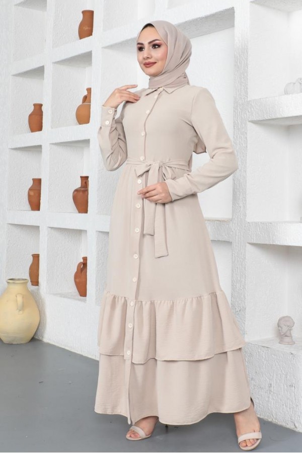  Eteği Katlı Aerobin Elbise Taş Rengi 445