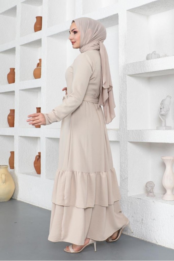  Eteği Katlı Aerobin Elbise Taş Rengi 445