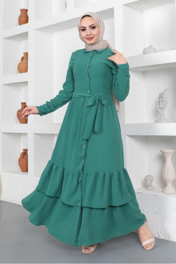  Eteği Katlı Aerobin Elbise Zümrüt Yeşili 445