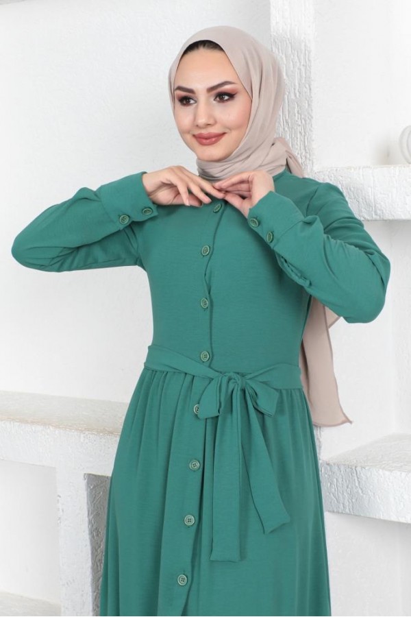  Eteği Katlı Aerobin Elbise Zümrüt Yeşili 445