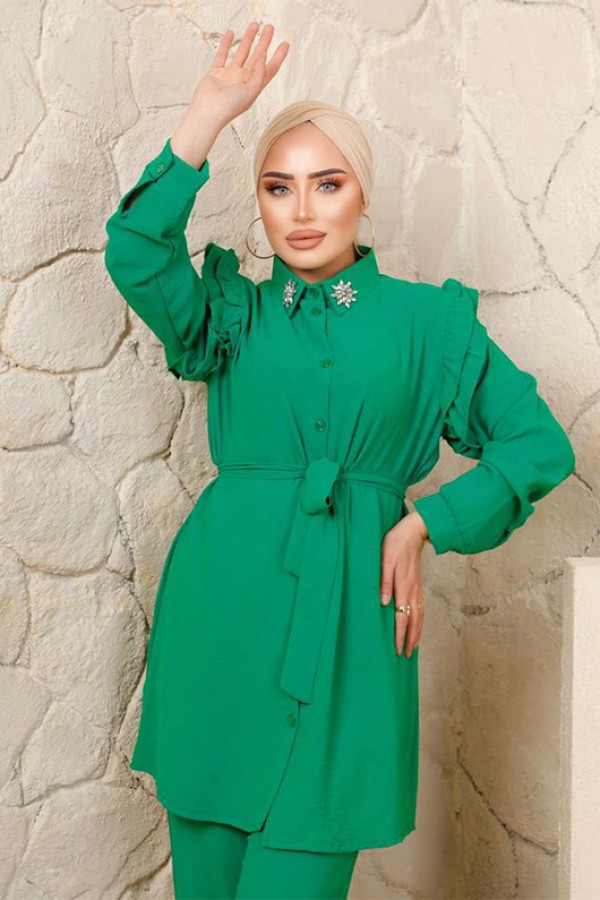 Yakası Taş Detaylı Tesettür Takım Yeşil 3114 Yakası Taş Detaylı Tesettür Takım Yeşil 3114