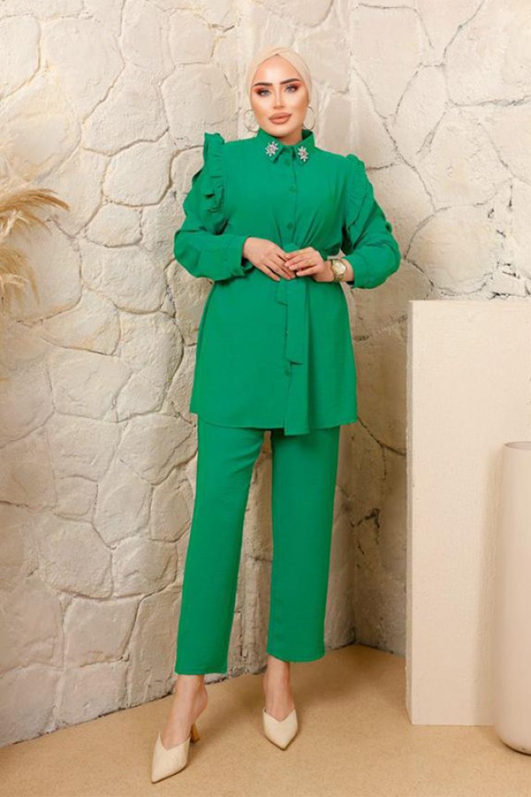 Yakası Taş Detaylı Tesettür Takım Yeşil 3114 Yakası Taş Detaylı Tesettür Takım Yeşil 3114