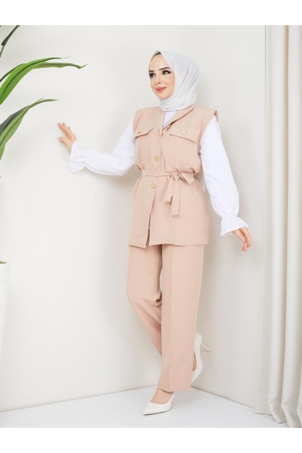  Yelekli Tesettür 3 Lü Takım Bej 4673
