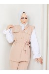  Yelekli Tesettür 3 Lü Takım Bej 4673
