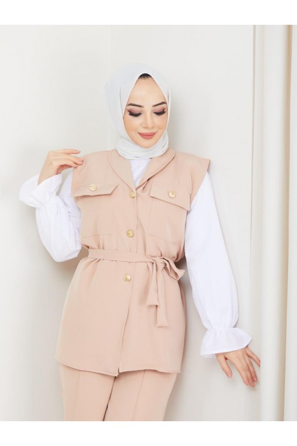  Yelekli Tesettür 3 Lü Takım Bej 4673