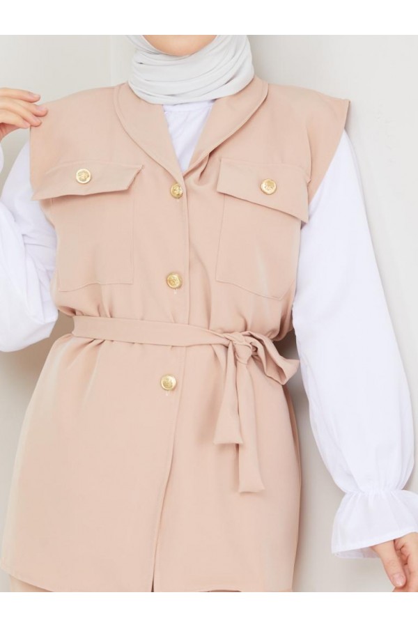  Yelekli Tesettür 3 Lü Takım Bej 4673