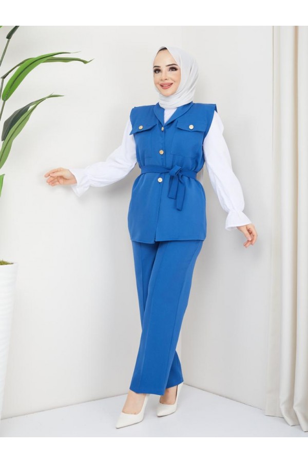 Yelekli Tesettür 3 Lü Takım Saks Mavisi 4673 Yelekli Tesettür 3 Lü Takım Saks Mavisi 4673