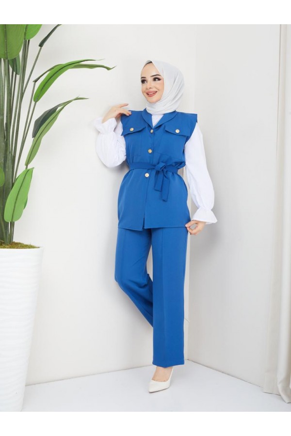 Yelekli Tesettür 3 Lü Takım Saks Mavisi 4673 Yelekli Tesettür 3 Lü Takım Saks Mavisi 4673